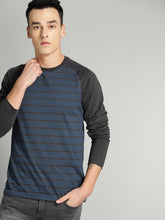 Load image into Gallery viewer, Men Navy Blue &amp; Charcoal Grey Striped Round Neck T-shirt