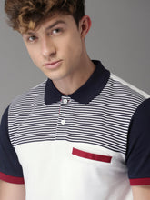 Load image into Gallery viewer, Men White &amp; Navy Blue Striped Polo Collar T-shirt V3