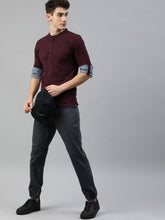 Load image into Gallery viewer, Men Burgundy Solid Henley Neck T-shirt with Contrast Cuff