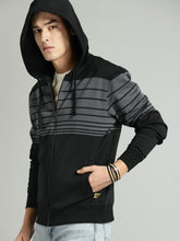 Load image into Gallery viewer, Men Black &amp; Grey Striped Hooded Sweatshirt C