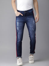 Load image into Gallery viewer, Men Blue Slim Fit Mid-Rise Dark Shaded Side Red Stripe Stitching Denim Jeans X3