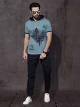 Load image into Gallery viewer, Men Blue Printed Hooded T-shirt K08