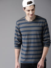 Load image into Gallery viewer, Men Charcoal Grey &amp; Teal Blue Striped Round Neck T-shirt
