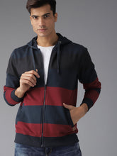 Load image into Gallery viewer, Men Navy Blue &amp; Maroon Striped Hooded Sweatshirt DD