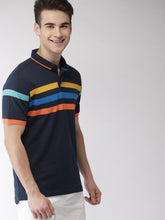 Load image into Gallery viewer, Men Navy Blue Striped Polo Collar T-shirt DD3