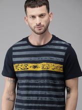 Load image into Gallery viewer, Men Navy Blue &amp; Grey Striped Round Neck T-shirt WE4