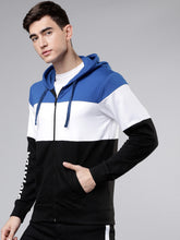 Load image into Gallery viewer, Men Blue &amp; White Colourblocked Hooded Sweatshirt IO8