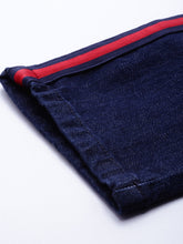 Load image into Gallery viewer, Men Blue Slim Fit Mid-Rise Dark Shaded Side Red Stripe Stitching Denim Jeans X3