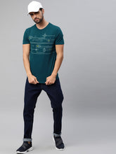 Load image into Gallery viewer, Men Teal Blue Printed Round Neck Athleisure T-shirt S3