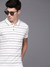 Load image into Gallery viewer, Men White &amp; Black Slim Fit Striped Polo Collar T-shirt 01