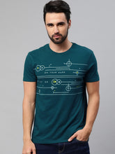 Load image into Gallery viewer, Men Teal Blue Printed Round Neck Athleisure T-shirt S3