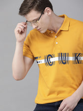 Load image into Gallery viewer, Men Mustard Yellow Printed Slim Fit Polo Collar T-shirt