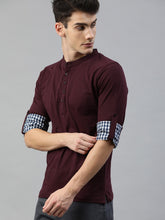 Load image into Gallery viewer, Men Burgundy Solid Henley Neck T-shirt with Contrast Cuff