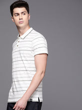 Load image into Gallery viewer, Men White &amp; Black Slim Fit Striped Polo Collar T-shirt 01