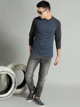 Load image into Gallery viewer, Men Navy Blue &amp; Charcoal Grey Striped Round Neck T-shirt