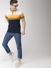Load image into Gallery viewer, Men Navy Blue, Mustard Yellow &amp; White Colourblocked Polo Collar T-shirt