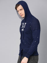 Load image into Gallery viewer, Men Navy Blue &amp; Grey Printed Hooded Pullover Sweatshirt A1
