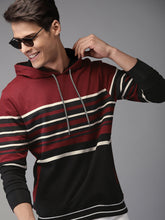 Load image into Gallery viewer, Men Black &amp; Maroon Striped Hooded Sweatshirt YT6