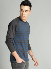 Load image into Gallery viewer, Men Navy Blue &amp; Charcoal Grey Striped Round Neck T-shirt