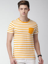 Load image into Gallery viewer, Men Mustard Yellow &amp; White Striped Round Neck T-shirt M3