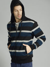 Load image into Gallery viewer, Men Black &amp; Teal Green Striped Hooded Sweatshirt E21