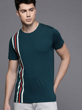 Load image into Gallery viewer, Men Teal Blue &amp; White Striped Slim Fit Round Neck T-shirt Y6
