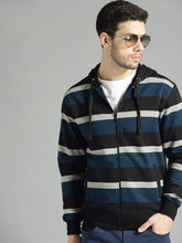Load image into Gallery viewer, Men Black &amp; Teal Green Striped Hooded Sweatshirt E21