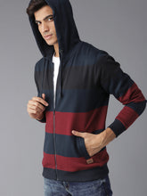 Load image into Gallery viewer, Men Navy Blue &amp; Maroon Striped Hooded Sweatshirt DD