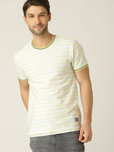 Load image into Gallery viewer, Men White &amp; Lime Green Striped Round Neck T-shirt G08