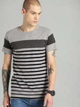 Load image into Gallery viewer, Men Grey Melange &amp; Black Striped Round Neck T-shirt
