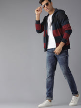 Load image into Gallery viewer, Men Navy Blue &amp; Maroon Striped Hooded Sweatshirt NN6
