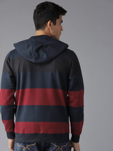 Load image into Gallery viewer, Men Navy Blue &amp; Maroon Striped Hooded Sweatshirt NN6