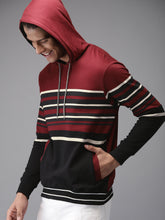 Load image into Gallery viewer, Men Black &amp; Maroon Striped Hooded Sweatshirt YT6