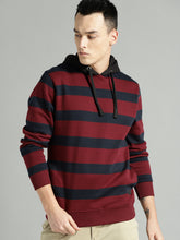 Load image into Gallery viewer, Men Maroon &amp; Navy Blue Striped Hooded Sweatshirt AA1