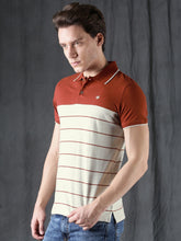 Load image into Gallery viewer, Men Grey &amp; Rust Brown Striped Polo Collar T-shirt S2