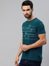 Load image into Gallery viewer, Men Teal Blue Printed Round Neck Athleisure T-shirt S3