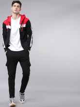 Load image into Gallery viewer, Men Red &amp; Black Colourblocked Hooded Sweatshirt AS