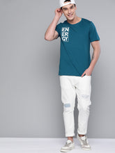 Load image into Gallery viewer, Men Teal Blue &amp; White Printed Round Neck T-shirt M8
