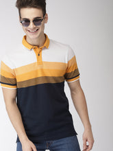 Load image into Gallery viewer, Men Navy Blue, Mustard Yellow &amp; White Colourblocked Polo Collar T-shirt