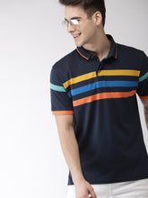 Load image into Gallery viewer, Men Navy Blue Striped Polo Collar T-shirt DD3