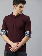 Load image into Gallery viewer, Men Burgundy Solid Henley Neck T-shirt with Contrast Cuff