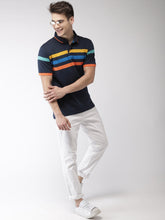 Load image into Gallery viewer, Men Navy Blue Striped Polo Collar T-shirt DD3