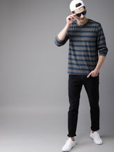 Load image into Gallery viewer, Men Charcoal Grey &amp; Teal Blue Striped Round Neck T-shirt
