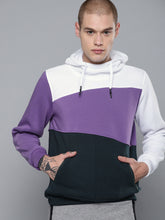 Load image into Gallery viewer, Men White &amp; Navy Blue Colourblocked Lifestyle Hooded Sweatshirt zz