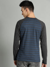 Load image into Gallery viewer, Men Navy Blue &amp; Charcoal Grey Striped Round Neck T-shirt