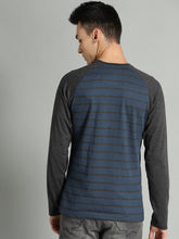Load image into Gallery viewer, Men Navy Blue &amp; Charcoal Grey Striped Round Neck T-shirt