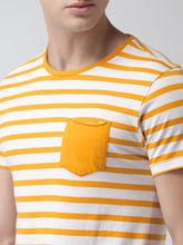 Load image into Gallery viewer, Men Mustard Yellow &amp; White Striped Round Neck T-shirt M3