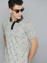 Load image into Gallery viewer, Men Grey Melange &amp; Black Printed Contrast Polo Collar T-shirt E7