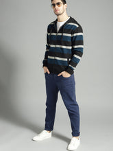 Load image into Gallery viewer, Men Black &amp; Teal Green Striped Hooded Sweatshirt E21