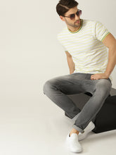 Load image into Gallery viewer, Men White &amp; Lime Green Striped Round Neck T-shirt G08